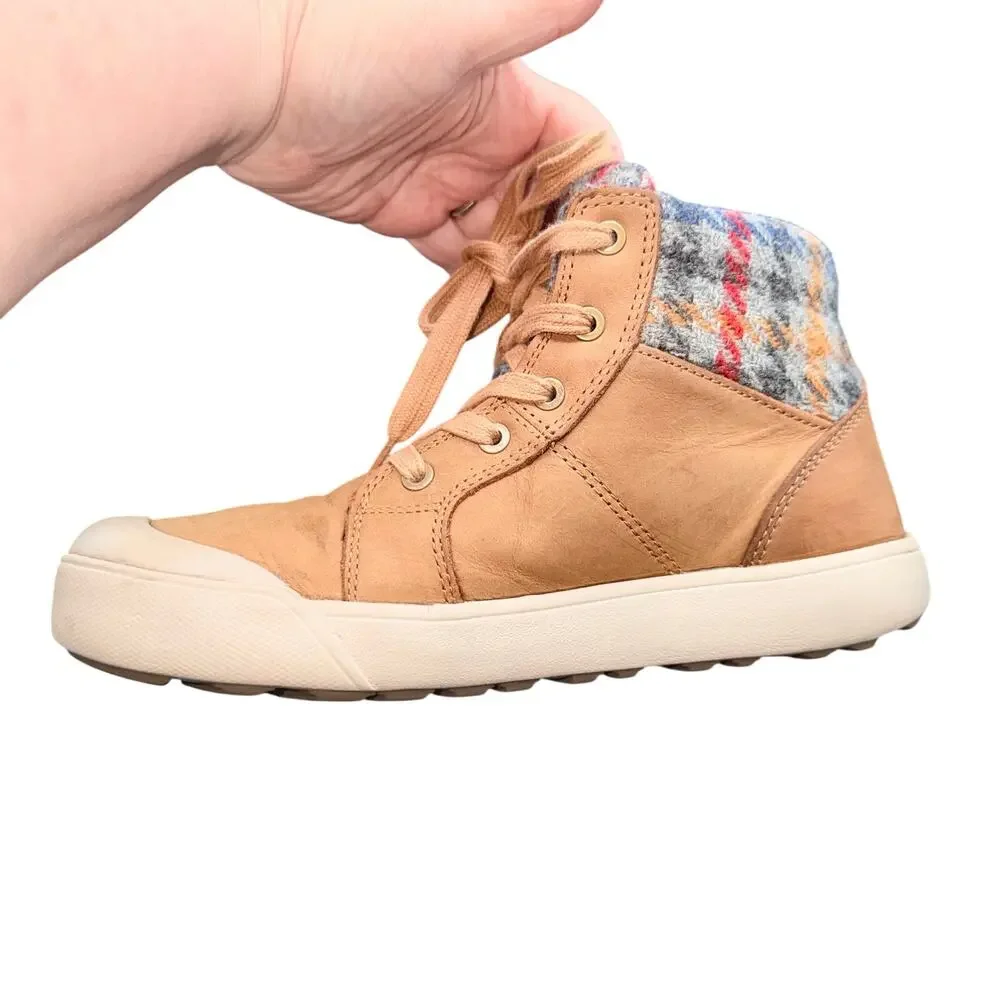 KEEN Elsa II Sneaker Boot Womens 8 Tan Leather Plaid Wool Insulated
